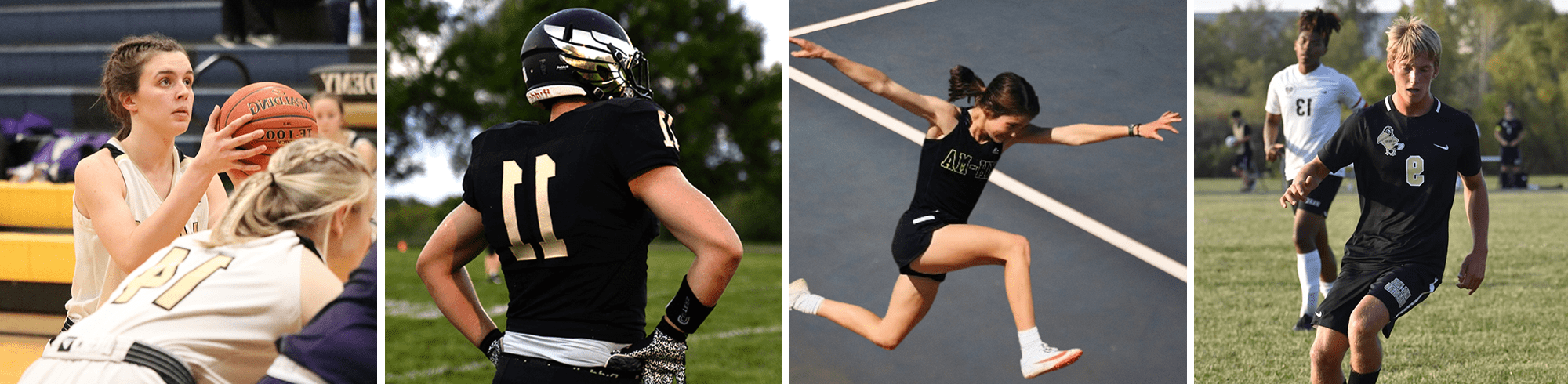 two soccer players, track girl doing triple jump, a football player, girl shooting free throw in basketball game