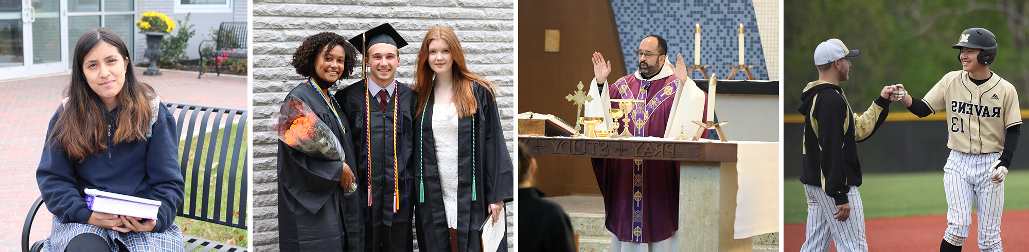 baseball players, Fr. Jay at the altar, three happy graduates, female student sitting outside